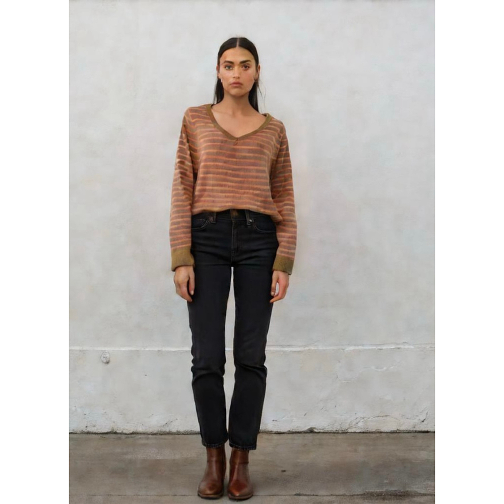 Land's End Women's Striped Sweater 2X Tan Pink V-Neck Preppy Academia Soft Girl